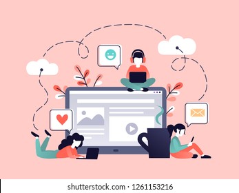 Content strategy marketing vector illustration. social media advertising concept. small people working with laptop technology. flat cartoon design for banner mobile and web in living coral palette