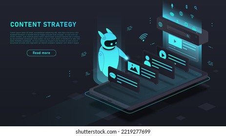 Content strategy. Robot and artificial intelligence sort photos and videos. Modern technologies, cyberspace. Promotion in social networks and Internet. SEO and SMM. Isometric vector illustration