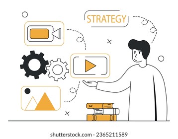 Content strategy scene.Character sets content strategy. A businessman stands and fills the strategy with new videos, pictures and interesting stories.Vector illustration.