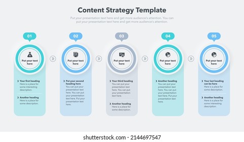 Plantilla de estrategia de contenido con cinco etapas y lugar para su contenido. Fácil de usar para su sitio web o presentación.