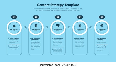 Content strategy template with five stages and place for your content - blue version. Simple flat template for data visualization.