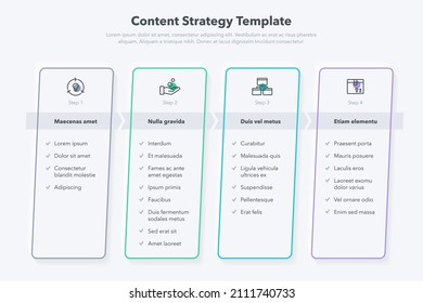 Content strategy template with four colorful stages and place for your content. Easy to use for your website or presentation.