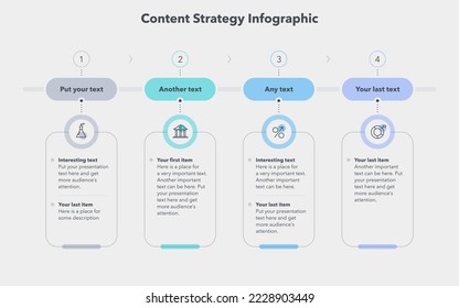 Content strategy template with four stages and place for your text. Flat infographic design with minimalistic icons.