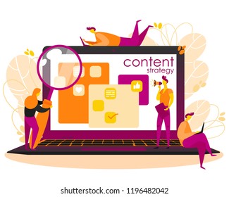 Content strategy vector illustration with big laptop and small people. Concept of content plan for social media marketing advertising, blogging, media planning, promotion in social network