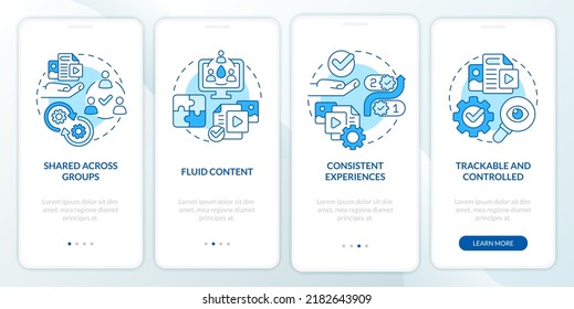 Content tips blue onboarding mobile app screen. Design creating walkthrough 4 steps editable graphic instructions with linear concepts. UI, UX, GUI template. Myriad Pro-Bold, Regular fonts used