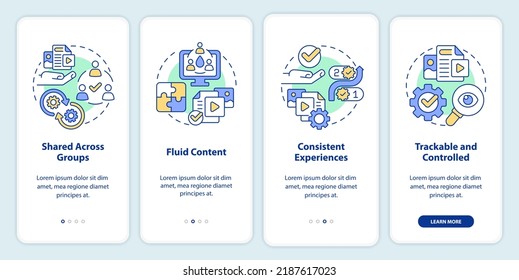 Content tips onboarding mobile app screen. Design creating walkthrough 4 steps editable graphic instructions with linear concepts. UI, UX, GUI template. Myriad Pro-Bold, Regular fonts used
