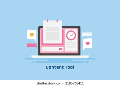 Content Tool, Content Calendar, Content Marketing Strategy, Social Media Marketing - Flat Design Vector Illustration With Icons And Texts