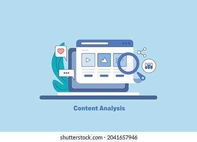 Content tool, content research for digital marketing, analysis of website content strategy - flat design outline vector illustration