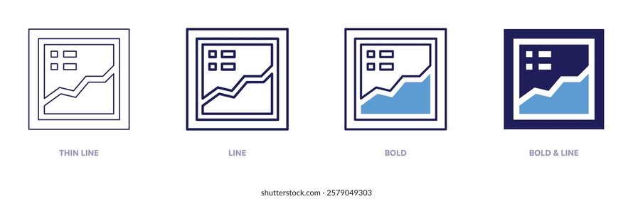 Content trend icon in 4 different styles. Thin Line, Line, Bold, and Bold Line. Duotone style. Editable stroke.