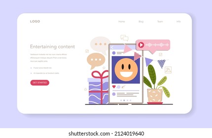 Tipo de contenido, contenido entretenido. Guía del gestor de contenido de medios sociales. Cómo crear contenido visual. Tecnología de promoción digital. Ilustración vectorial plana