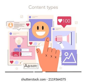 Content types, selling, informational, entertaining content. Social media content manager guidance. How create visual content. Digital promotion technology. Flat vector illustration