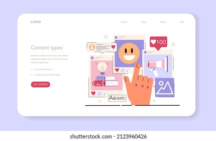 Content types, selling, informational, entertaining content. Social media content manager guidance. How create visual content. Digital promotion technology. Flat vector illustration