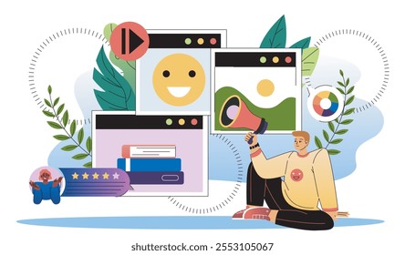 Tipos de contenido que se venden. Hombre con altavoz cerca del contenido de las redes sociales. Especialista en SEO y SMM. Promoción de Internet y redes sociales. Ilustración vectorial plana aislada sobre fondo blanco