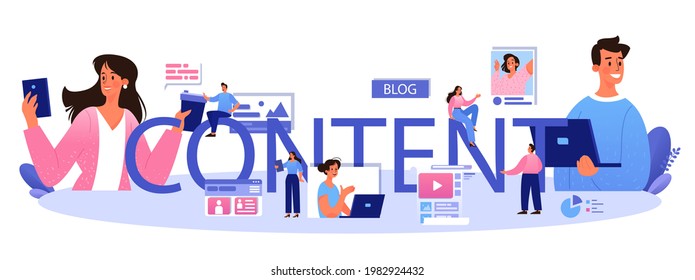 Content typographic header. Media filling, making responsive and viral content for business development. Business promotion in the internet. Flat vector illustration