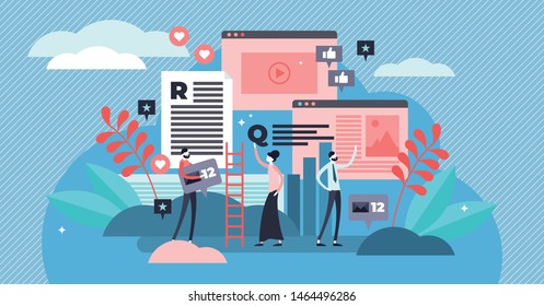 Content vector illustration. Flat tiny text blog development person concept. Web page layout interface with creative online communication. Abstract making process for video, infographics and posts.