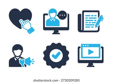 Content Verification and Engagement icon set. Solid glyph series icons