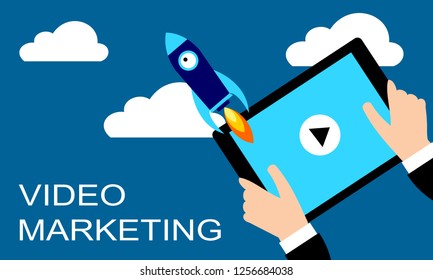 Content of video marketing. Businessman holding a tablet with a rocket. Concept flat design vector. 