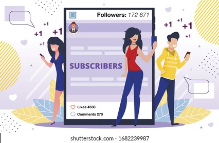 Content Viewer Positive Feedback, Subscribers Reaction and Appreciation Concept. Blogger Followers Man, Women Characters Reading Post Online, Liking and Sharing Content Trendy Flat Vector Illustration