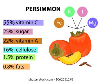 Content vitamin and minerals in persimmon . Cartoon illustration. A visual schedule. The percentage of daily values and the number in milligrams. White background. Stock vector.