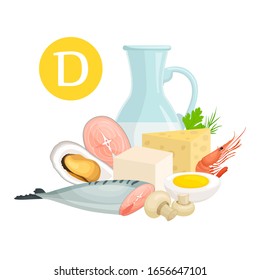 Content of vitamins D in various foods. Information banner on the theme of healthy eating and diet. Vector illustration in cartoon style. A set of products containing vitamin D.