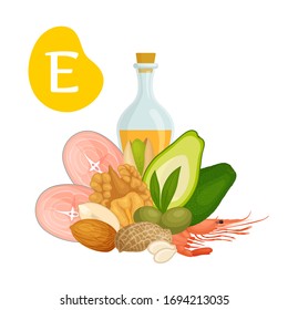 Content of vitamins E in various foods. Information banner on the theme of healthy eating and diet. Vector illustration in cartoon style. A set of products containing vitamin e.