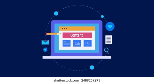 Content for website, blog and social media post, Writing content for news, article publication, Digital content creation - vector illustration with icons