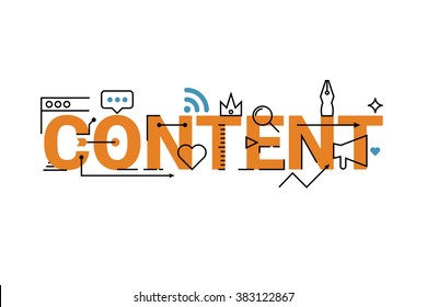 Content word lettering typography design with line icons and ornaments in orange theme