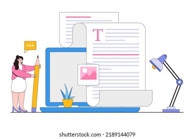 Content writer, article or newspaper creation, bullet journalist, publishing editor, news update, work business and marketing concepts. Smart woman freelance using pencil to create online blog image.