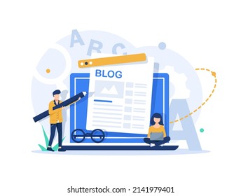 Escritor de contenido. Concepto de creación de artículos de blog con personajes de personas, negocios de trabajo independiente y marketing