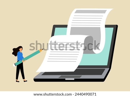 Content writer. Blog articles creation concept. Freelance work business and marketing. Creative online blog image with pencil and essays.