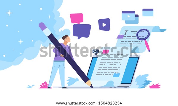 Content writer.\
Blog articles creation concept with people characters, freelance\
work business and marketing. Vector illustration creative online\
blog image with pencil and\
essays
