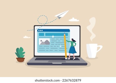 Content writer, blogger or bullet journal, publishing editor or writing article online, copywriter for advertising, freelance journalist concept, creative woman holding pencil with content on website.