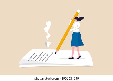 Content writer, blogger, bullet journalist or publishing editor concept, young smart woman freelance holding big pencil thinking and writing content on notepad paper with cup of coffee.