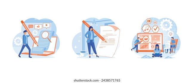 Content writer. Content writer, blogger, bullet journalist or publishing editor concept. Creating Content, Copywriting, Marketing Concept. Set flat vector modern illustration 