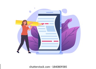 Content writer, Blogging, creative writing concept with character. Vector illustration.