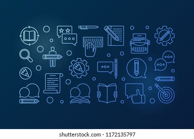 Content writer blue vector outline horizontal illustration or banner on dark background