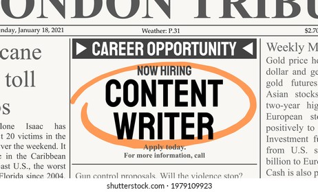 Content writer career. Recruitment offer - job ad. Newspaper classified ad career opportunity.