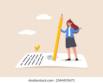 Content writer concept. Blogger, bullet journalist or publishing editor, young smart woman freelance holding big pencil thinking and writing content on notepad paper. Modern flat vector.