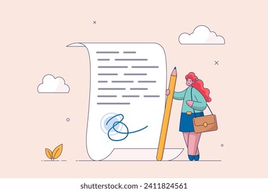 Content writer concept. Blogger, bullet journalist or publishing editor, young smart woman freelance holding big pencil thinking and writing content on notepad paper. Modern flat vector.