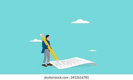 content writer concept vector illustration, blogger, bullet journalist or publishing editor concept,smart man freelance holding big pencil thinking and writing content on notepad paper illustration