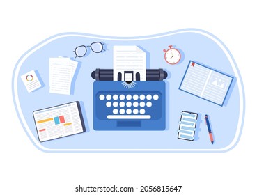 Content Writer or Journalist Background Vector Illustration For Copy Writing, Research, Development Idea and Novel or Book Script in Flat Style