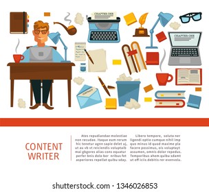 Content writer professional sitting by table with laptop vector person writing text for clients computer and books papers with articles and pen feather with ink and glasses lamp and cup of coffee