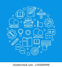 Content writer vector circular illustration made with outline writing icons on blue background