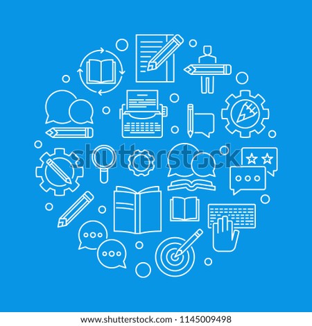 Content writer vector circular illustration made with outline writing icons on blue background