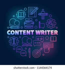 Content writer vector colored round illustration made with outline icons on dark background