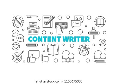 Content writer vector horizontal illustration or banner made with outline icons on white background