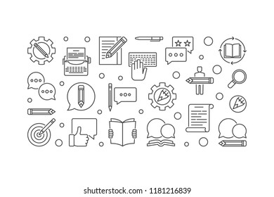 Content writer vector horizontal illustration or banner made with outline writing icons on white background