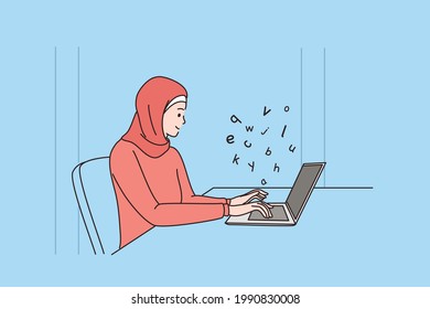 Content writer and working with media concept. Young arab modern woman cartoon character in national costume sitting and working at laptop with Media creation and online freelance article writing 