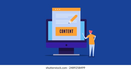 Content writer writing content for website, blog and social media posts. Content writing by human, Content creator - vector illustration with icons