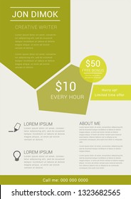 Content writer of the yellow flyer template. Vector illustration.